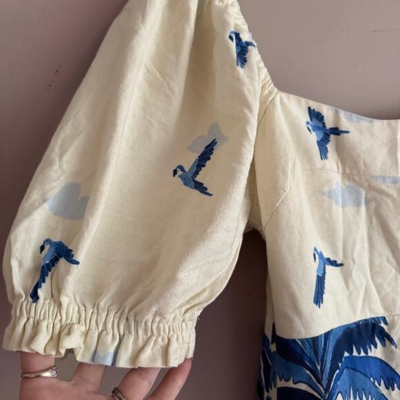 Farm Rio Brazil Blue Bird and Palm Print Puff Sleeve Linen Mini Dress Medium - Picture 3 of 10